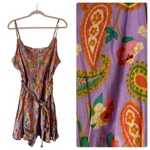 Go Coco Lilac Multicolor Floral Paisley Tie Waist Shorts Ruffle Hem Romper